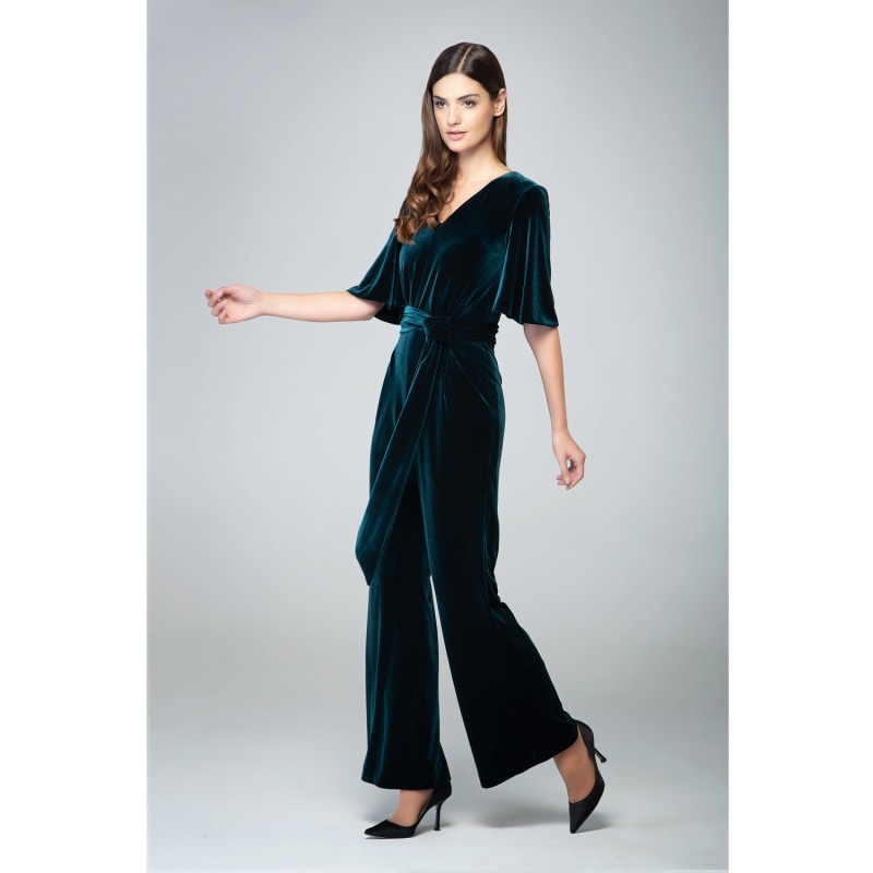 Thumbnail of Layla Velvet Jumpsuit With Bell Sleeves & Sash In Emerald Green image