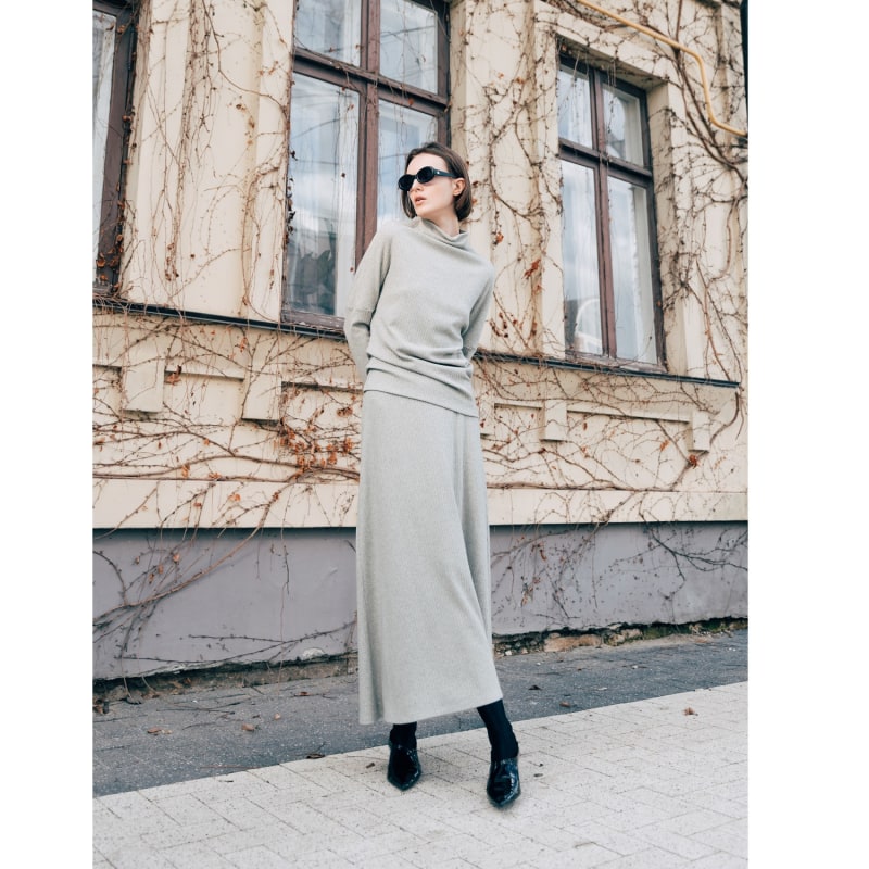 Rib Knit Suit Asymmetric Blouse & Basik Skirt - Green | Julia