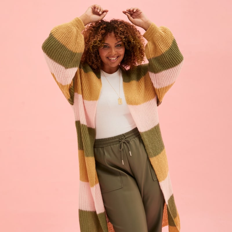 Ricci Stripe Lofty Maxi Cardigan Camel Cara The Sky Wolf Badger