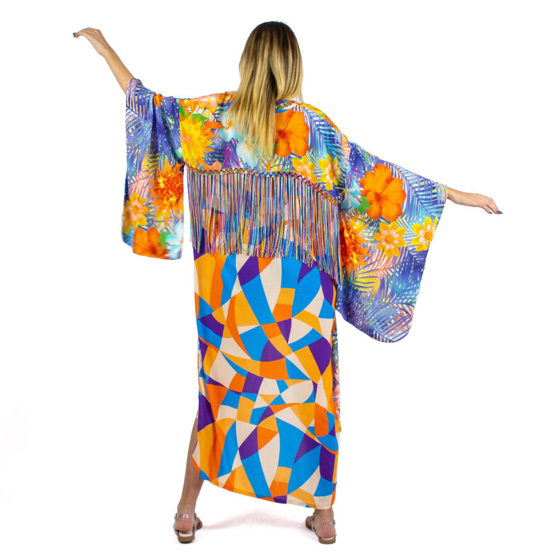 Thumbnail of Viscose Kimono With Embroidery & Fringe Details image