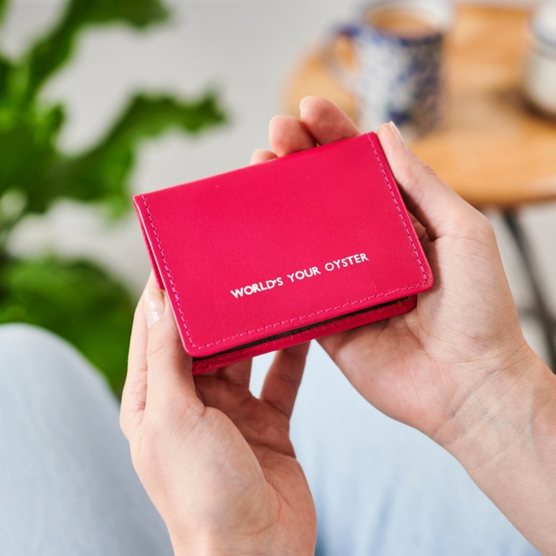 Thumbnail of Worlds Your Oyster Bright Pink Leather Travel Card Holder image