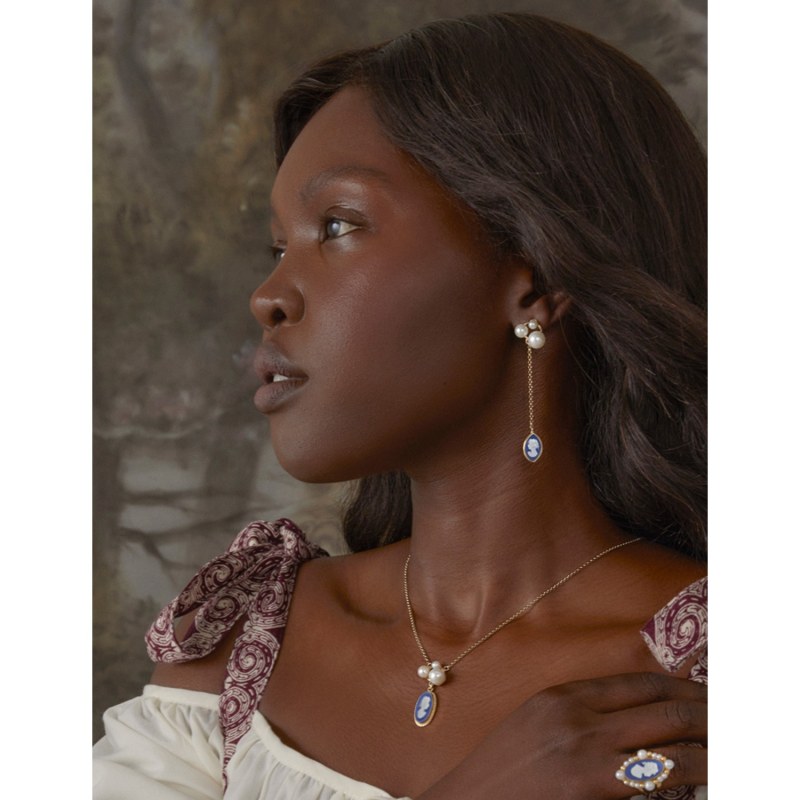 Thumbnail of Lilith Gold-Plated Blue Cameo And Pearl Drop Earrings image