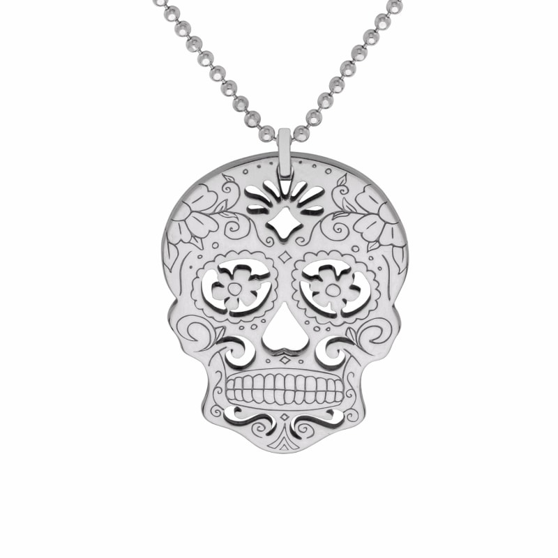 Thumbnail of Large Silver Sugar Skull With Flower Eyes Pendant Necklace image