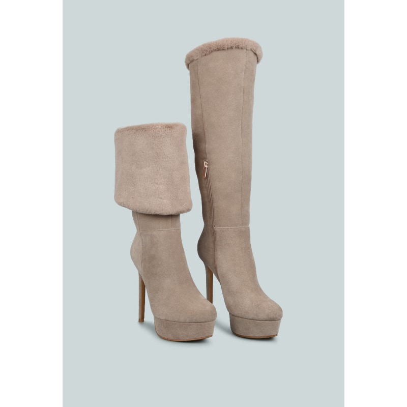 Thumbnail of Saldana Taupe High Platfrom Heel Microfiber Calf Boots image