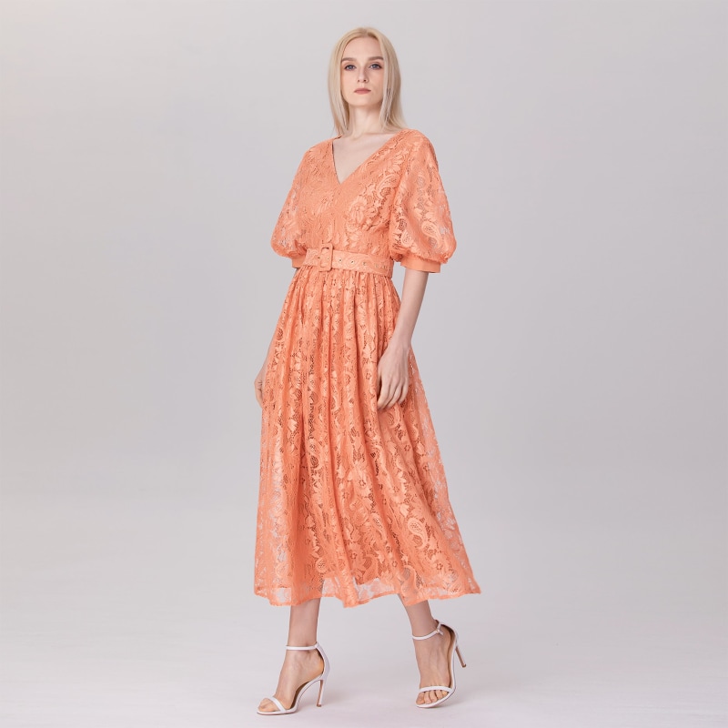 Thumbnail of All-Lace Puffy Sleeves Dress With Belt - Apricot image