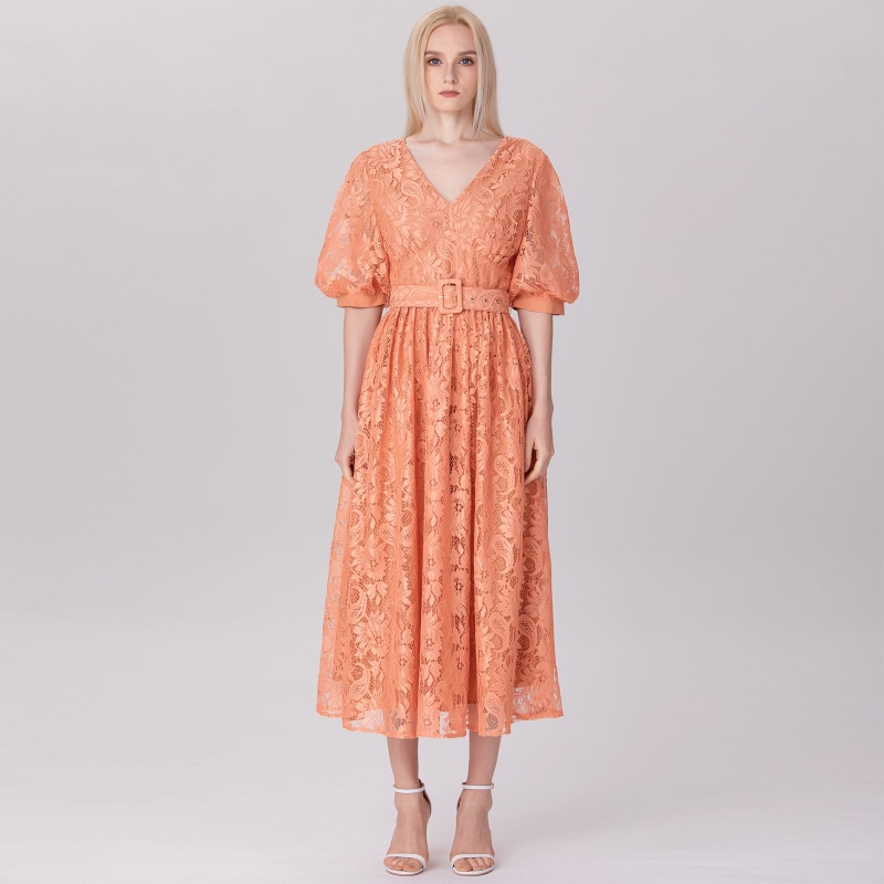 Thumbnail of All-Lace Puffy Sleeves Dress With Belt - Apricot image