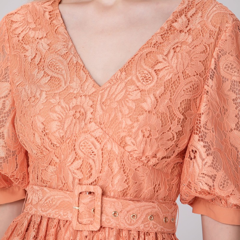 Thumbnail of All-Lace Puffy Sleeves Dress With Belt - Apricot image