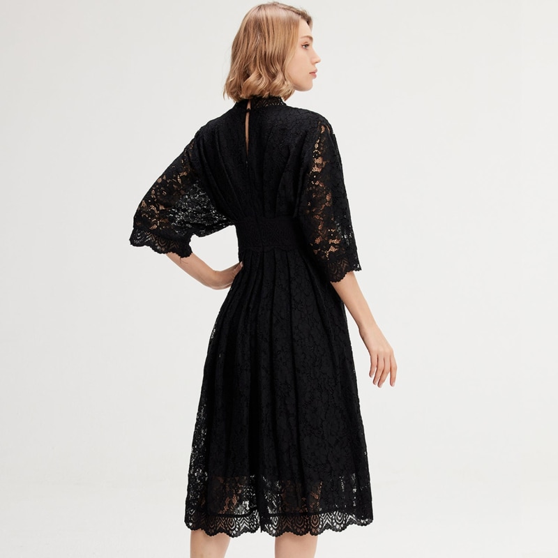 Kimono Sleeves Lace Dress - Black