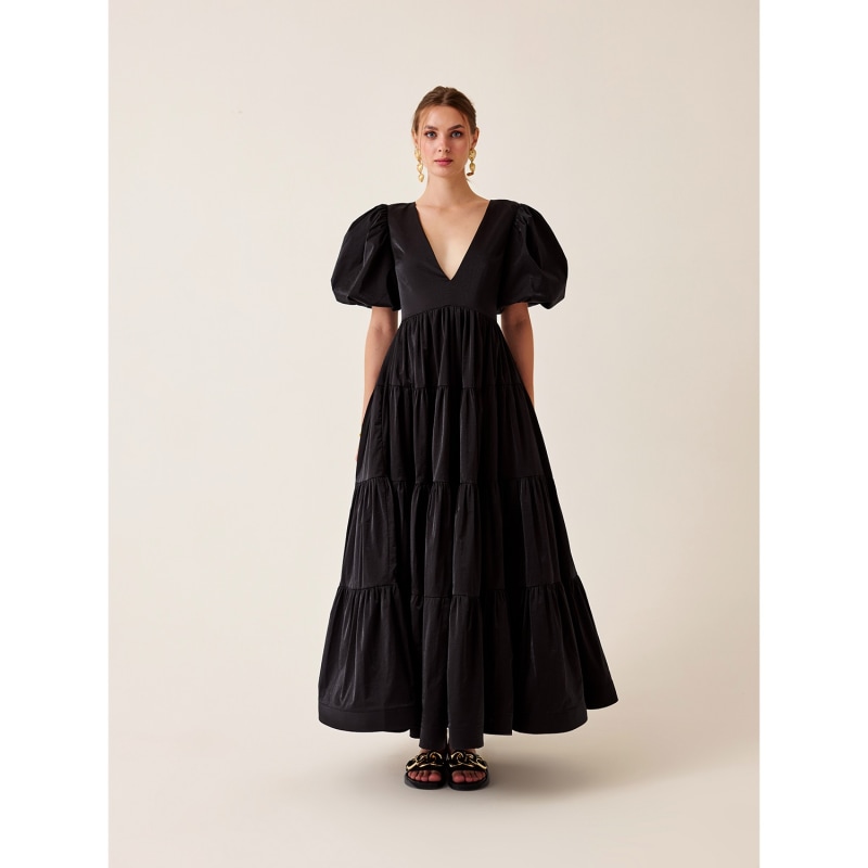 Thumbnail of Robin Black Poplin Puff Sleeve Avantgarde Maxi Summer Dress image