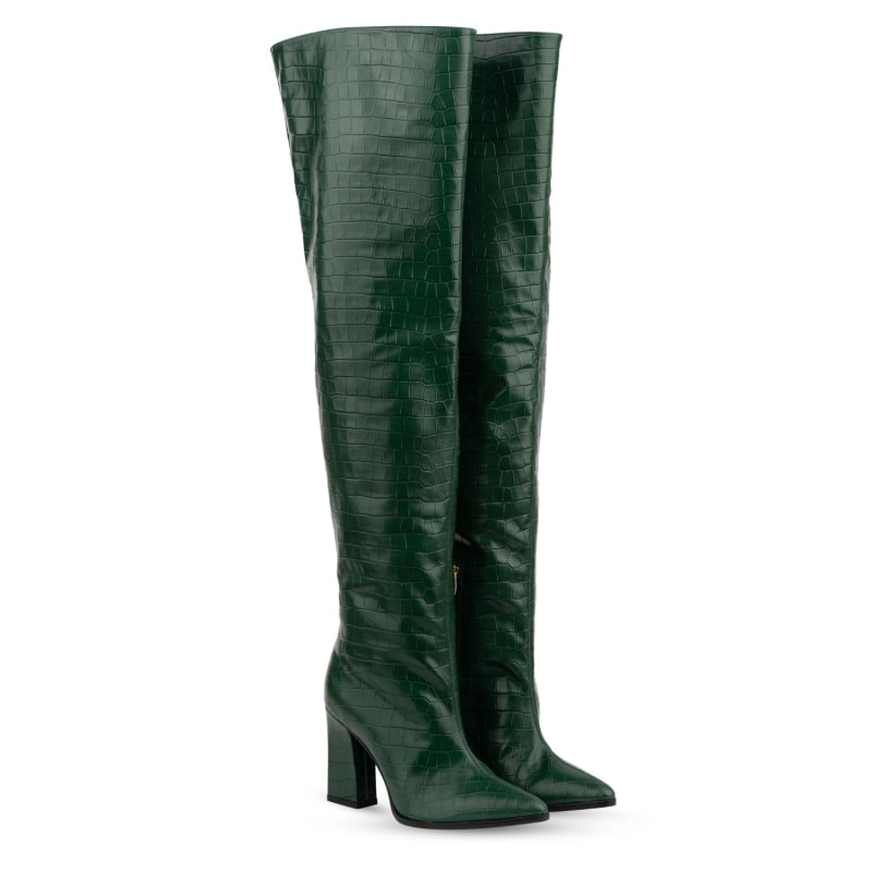 Roma Green Crocodile Over Knee Boots by Rosamund Muir London