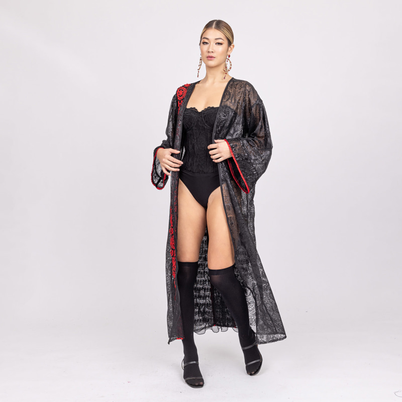 Thumbnail of Rome - Black Sequin Lace Robe With Scarlett Flower Trim And Chiffon Frill Feature image