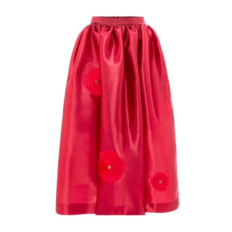 Thumbnail of Rose Embroidered Gathered Midi Skirt - Red image