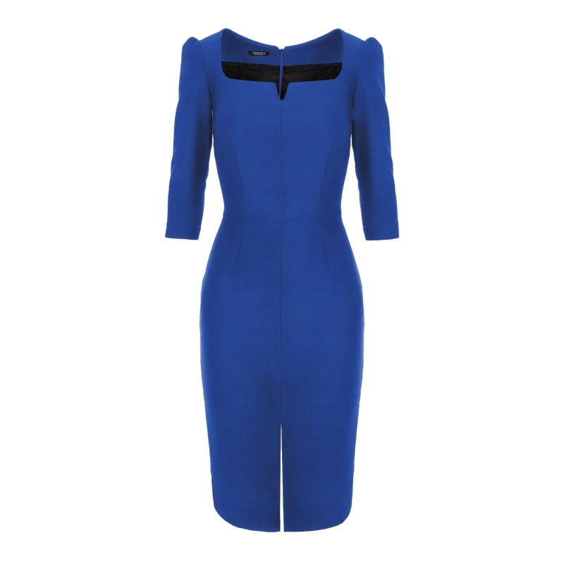 Thumbnail of Rounded Neckline Midi Dress With Front Slit - Blue image