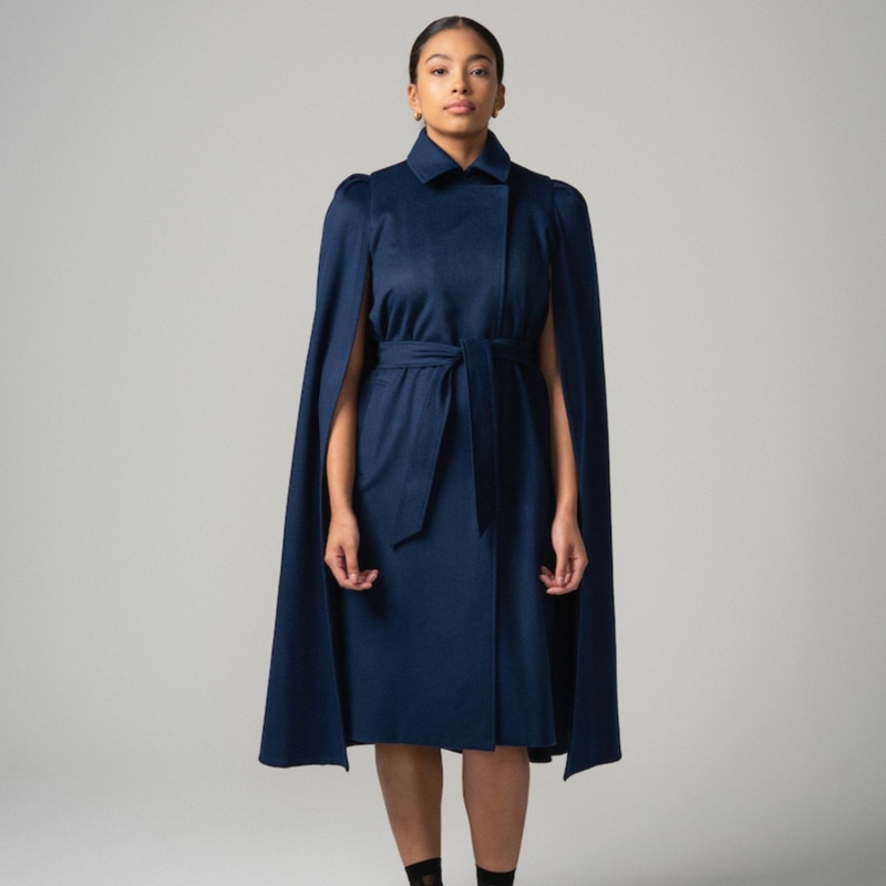Wool Cashmere Royal Long Cape In Navy Blue by Nina Nieves