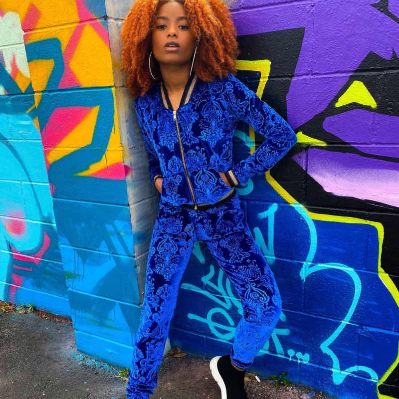 Blue velour sweatsuit sales