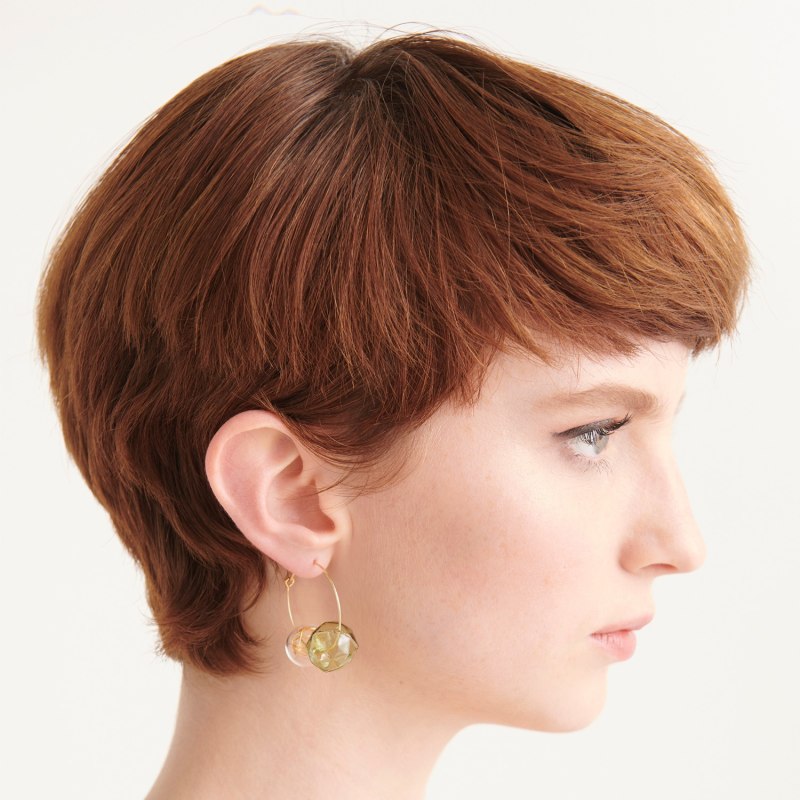 Thumbnail of Flowy Two Sphere Hoops In Green & Gold Tone image