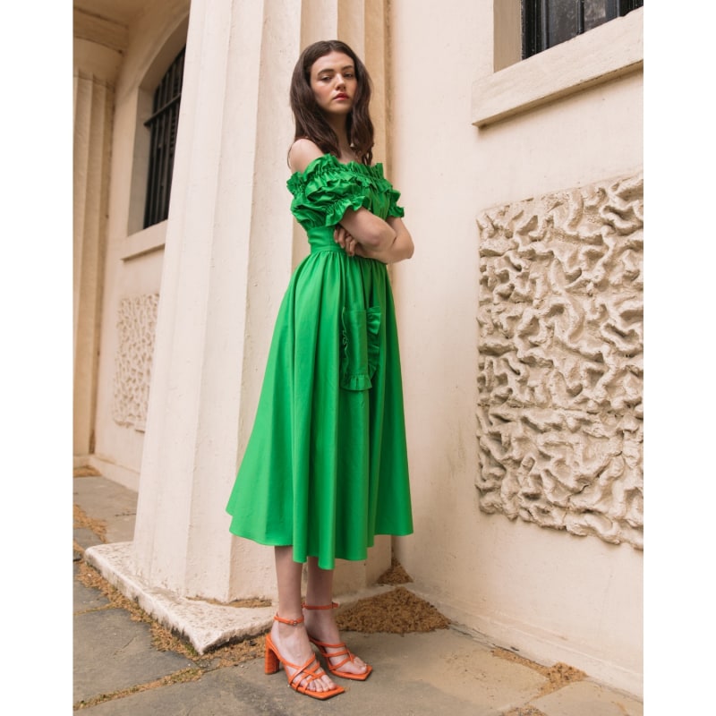 Thumbnail of The Tamsin Bardot Ruffle Pocket Midi Dress In Island Green image