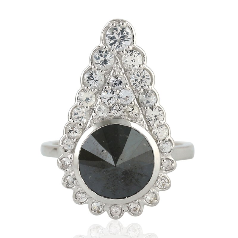 Thumbnail of Natural Diamond & Black Sapphire Bezel Set Handmade Memorial Ring In 18K White Gold image