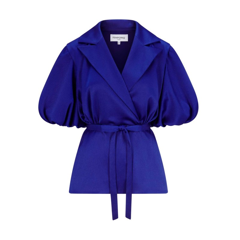 Thumbnail of Draped Puff Sleeve Belted Blouse - Royal Blue image