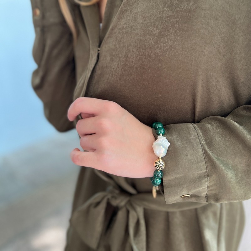 Thumbnail of Christmas Malachite With Baroque Pearl Adjustable Bracelet image