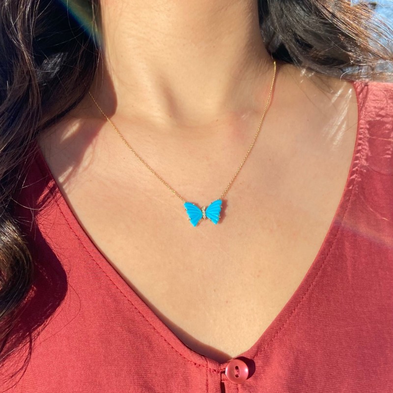 Thumbnail of Turquoise Butterfly Necklace With Diamonds And Prongs image