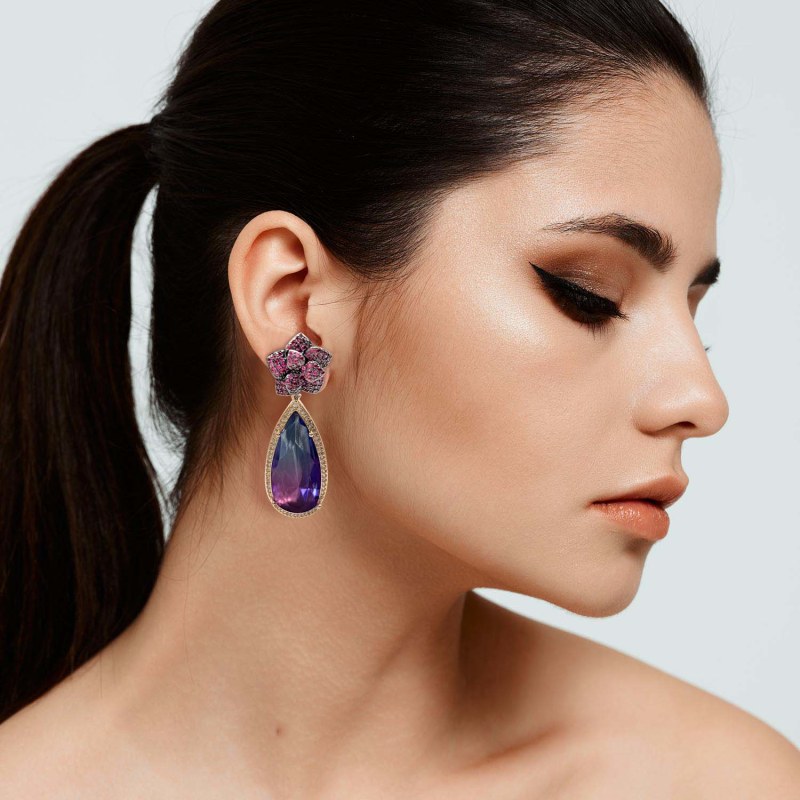 Thumbnail of Ruby Cubic Zirconium Flower With Elongated Amethyst Cubic Zirconium Pear Drop Earrings image