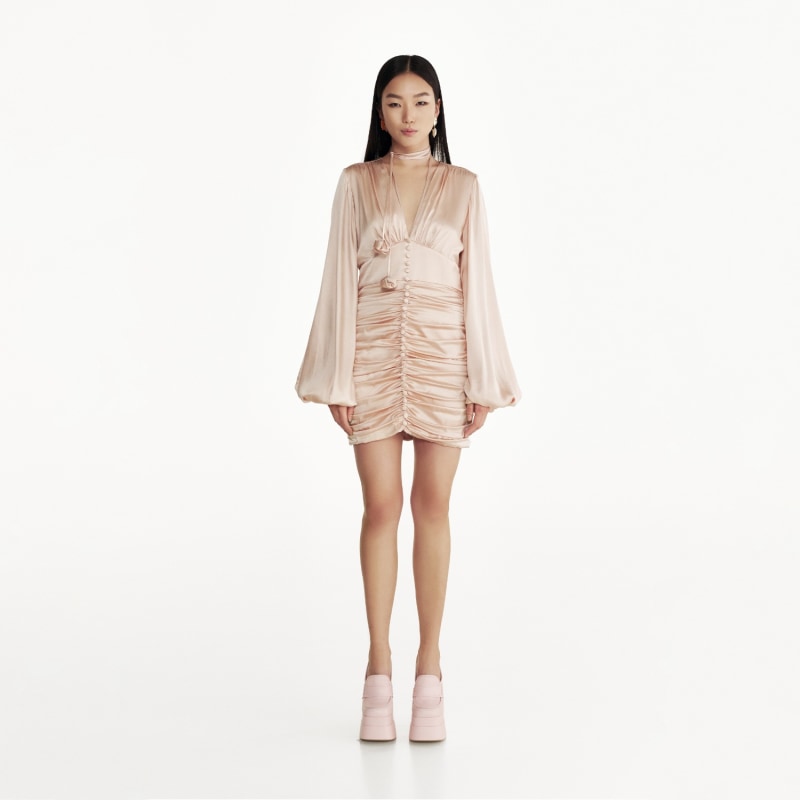 Thumbnail of Ruched Mini Dress In Pink Satin image