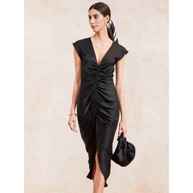 Rudi Hammered Silk Ruched Dress - Black, The Summer Edit