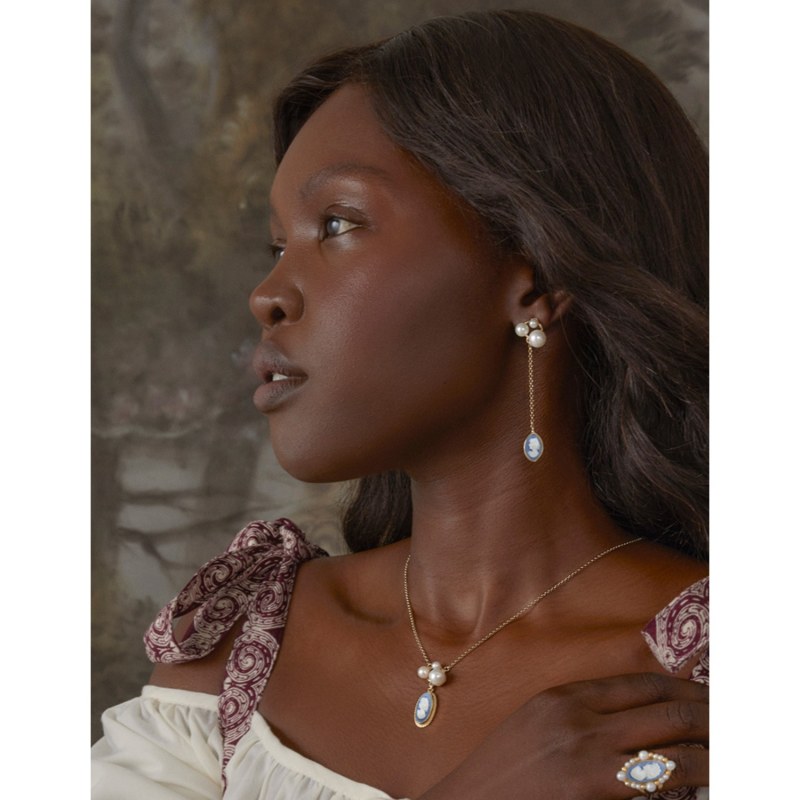 Thumbnail of Lilith Gold-Plated Sky Blue Cameo And Pearl Drop Earrings image
