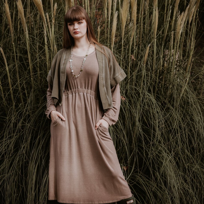 Rustic Midi Dress With Long Sleeves In Cool Mocha Frock Tales Wolf Badger