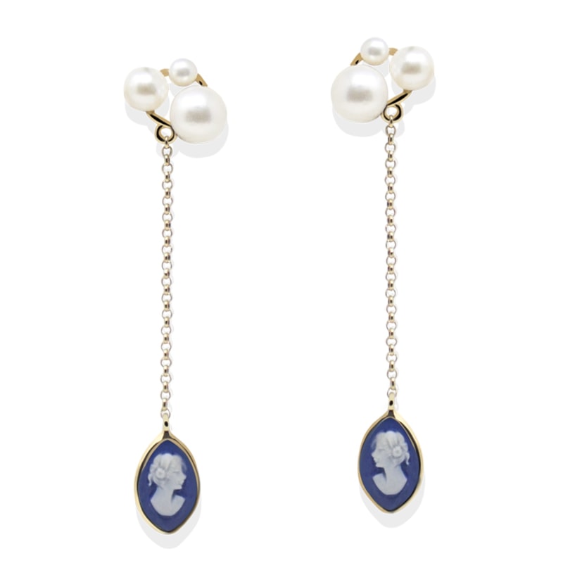 Thumbnail of Lilith Gold-Plated Blue Cameo And Pearl Drop Earrings image