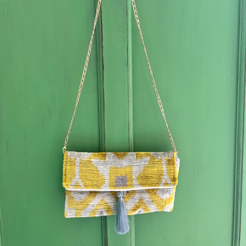 Thumbnail of Yellow & Grey Velvet Ikat Clutch image