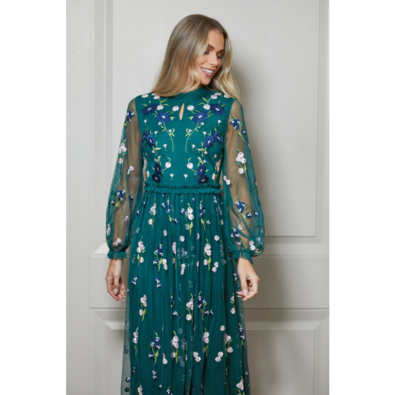 Rydia Floral Embroidered Maxi Dress - Alpine Green | Frock and Frill ...