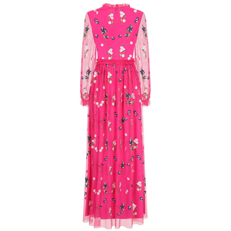 Rydia Floral Embroidered Maxi Dress Fuchsia Frock and Frill Wolf