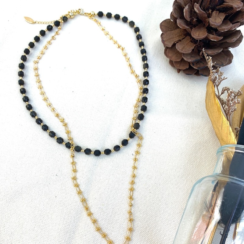 Thumbnail of Black Obsidian And Chain With Pendant Double Layers Necklace image