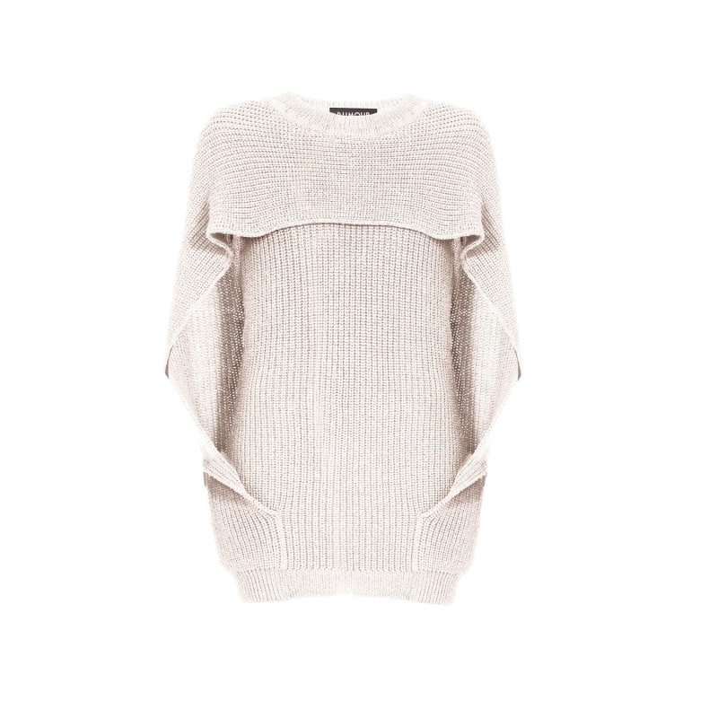 Thumbnail of Cara Cape Effect Merino Wool Ribbed Knit Sweater In Cream image