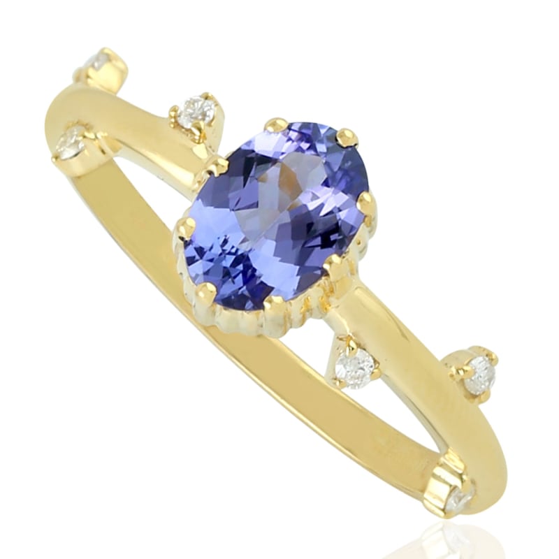 Thumbnail of 18K Solid Yellow Gold In Prong Set Oval Cut Tanzanite & Diamond Stacking Ring image