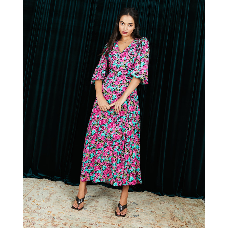 Thumbnail of The Sienna Puff Sleeve Frill Midaxi Dress In Pink Floral image