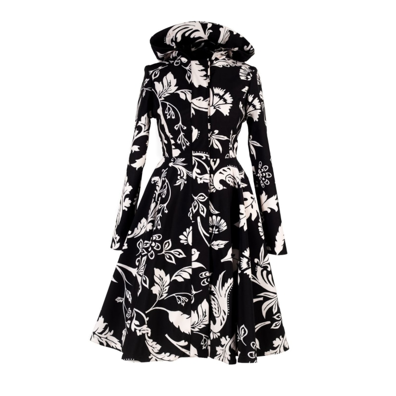 Hooded Black And White Waterproof Women s Coat With Floral Print Blooming Night RainSisters Wolf Badger