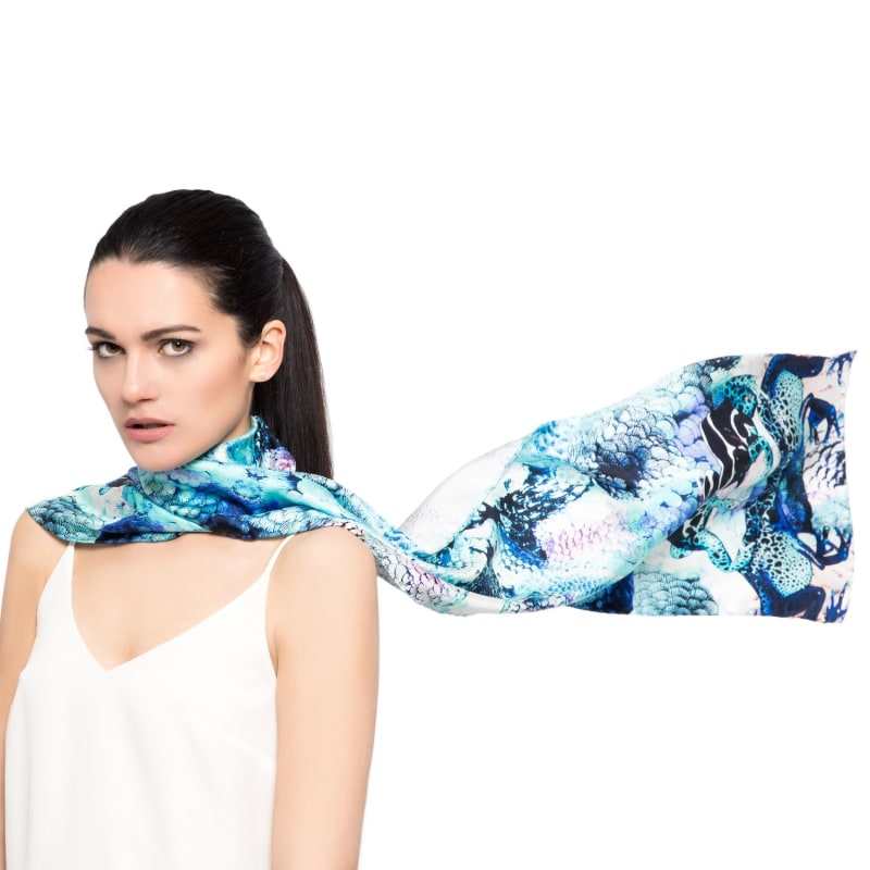 Thumbnail of Frogs & Feathers Aqua Small Silk Scarf image