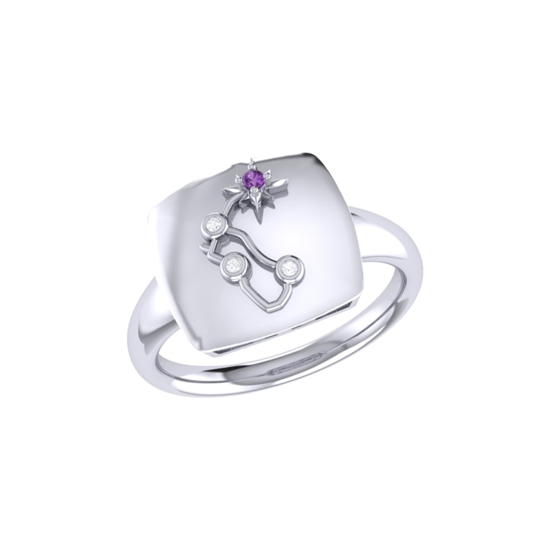 Thumbnail of Aquarius Water-Bearer Amethyst & Diamond Constellation Signet Ring In Sterling Silver image