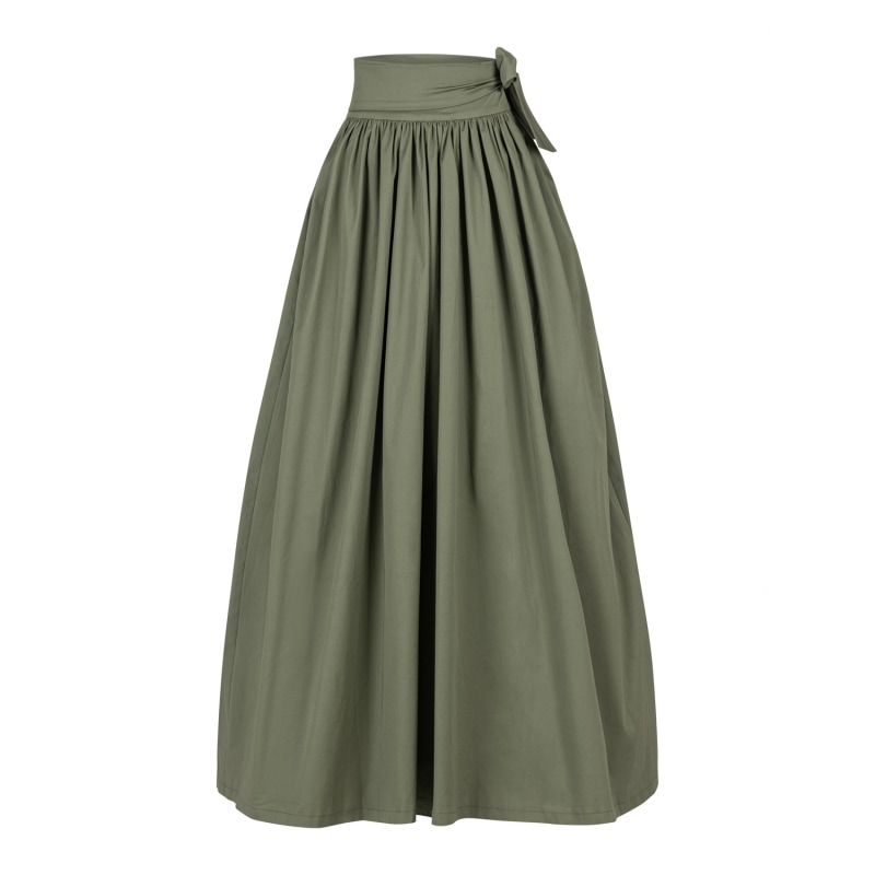 High Waist Cotton Gathered Skirt With Front Bow & Pockets In