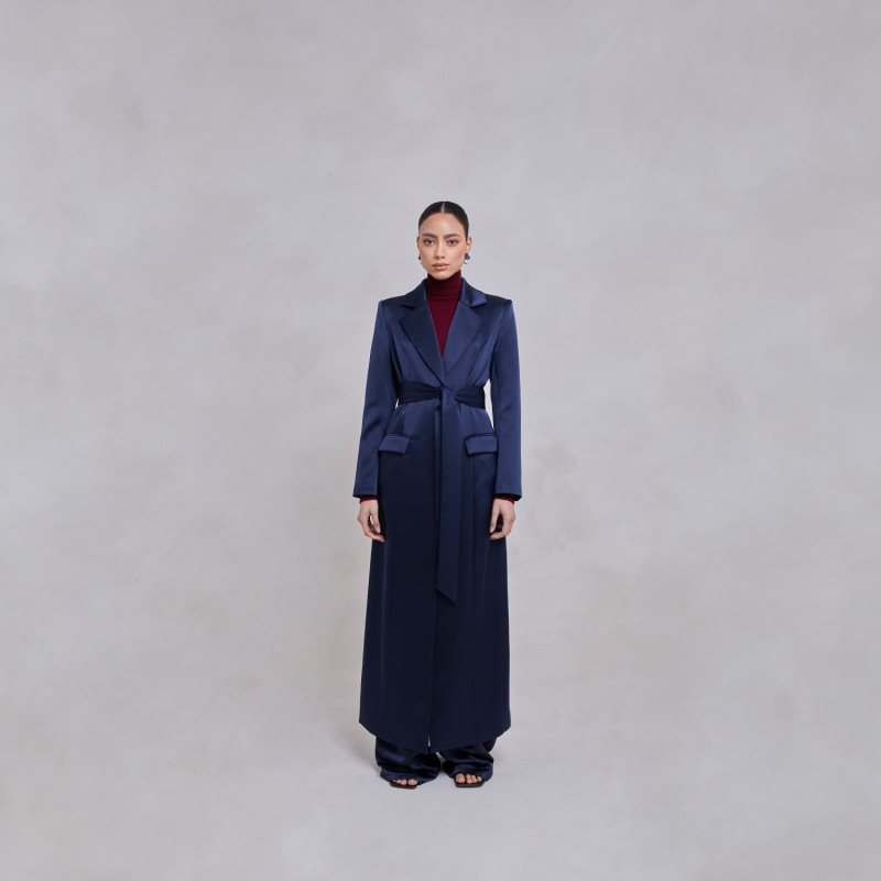 Thumbnail of Saleha Navy Belted Satin Maxi Trench Blazer Coat image