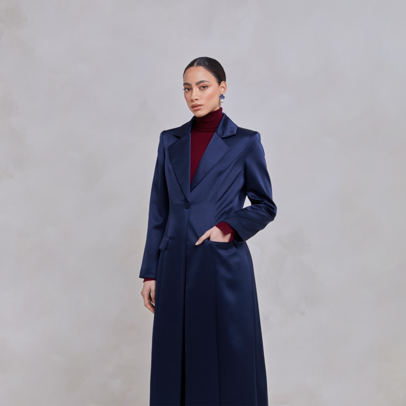 Thumbnail of Saleha Navy Belted Satin Maxi Trench Blazer Coat image