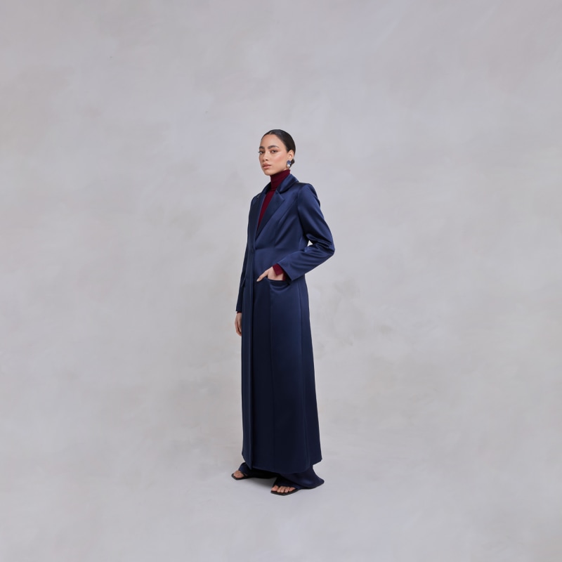 Thumbnail of Saleha Navy Belted Satin Maxi Trench Blazer Coat image