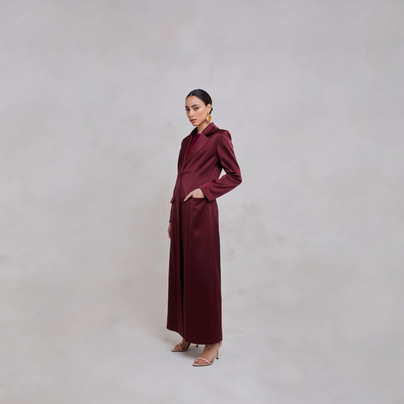 Thumbnail of Saleha Oxblood Belted Satin Maxi Trench Blazer Coat image