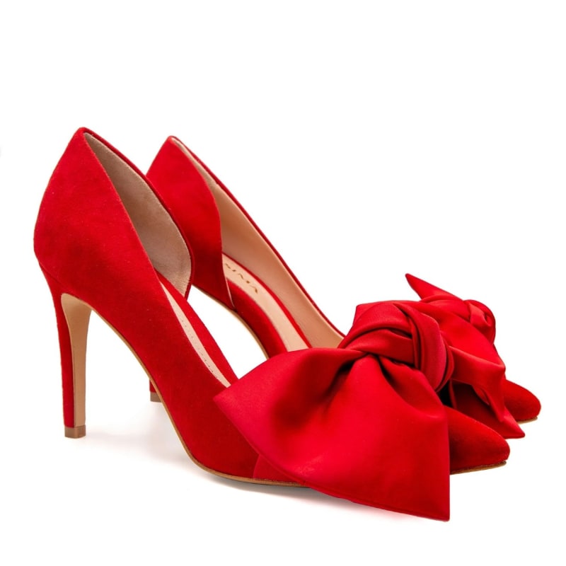Red satin heels with bow clearance