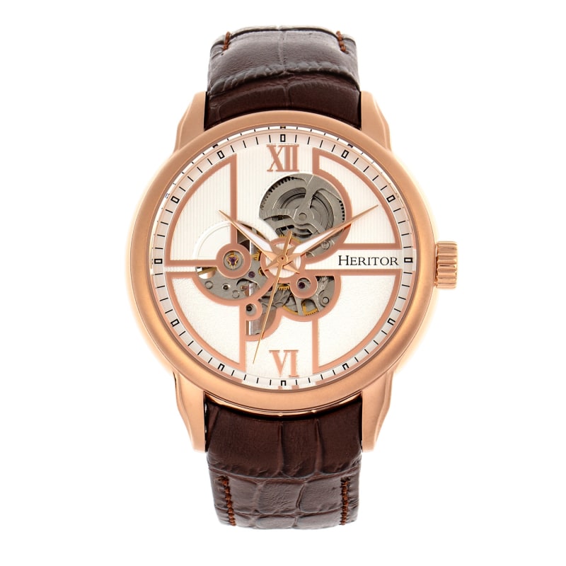 Sanford Semi Skeleton Leather Band Watch Brown Rose Gold