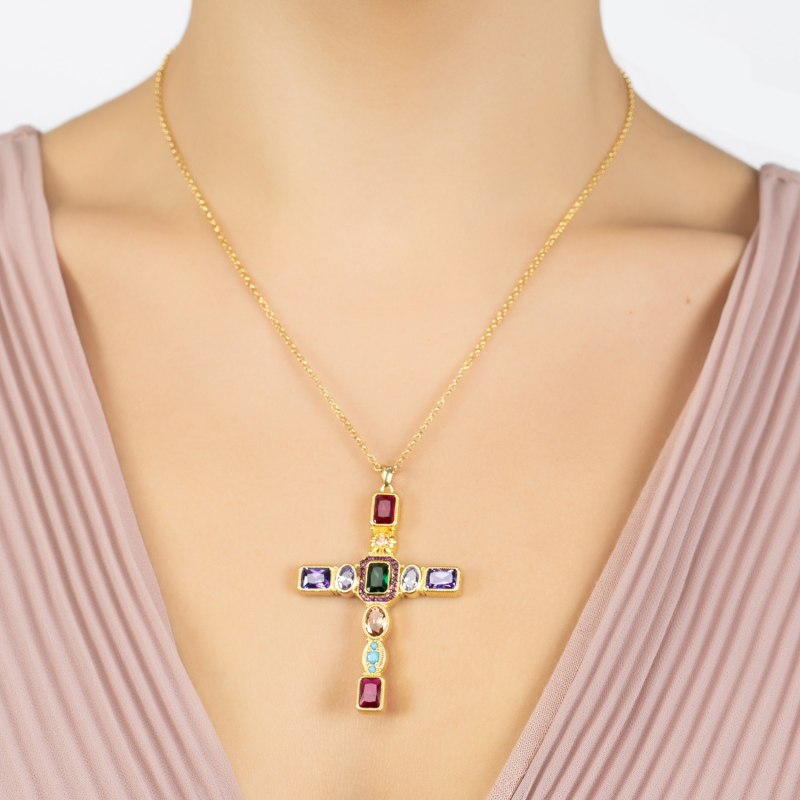 Santa Maria Extra Large Gemstone Cross Pendant Gold LATELITA Wolf Badger