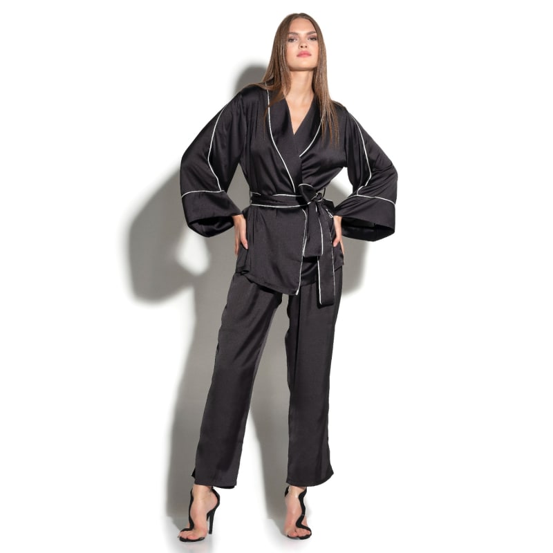 Black Satin Pyjama Set Shawl Collar Elegance by X Intima